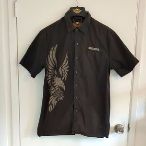 Harley-Davidson Black Casual Button Down Shirt with Eagle Design on right front.